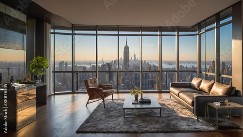 luxury  modern living room with panoramic windows overlooking New York