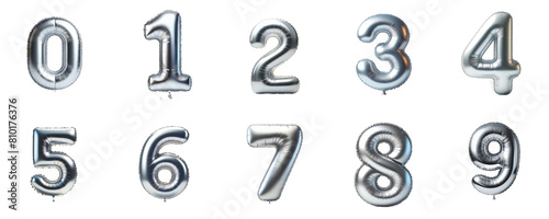 Set of 3D silver foil balloon numbers (0-9). Realistic metallic typography for birthday, anniversary, and New Year party decorations. Isolated on white background.