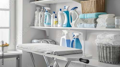 Interior of laundry room with ironing board and cleani