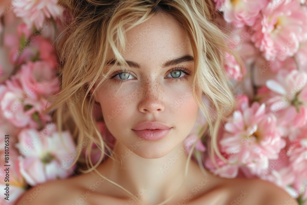 A charming portrait of a young woman with soft pink flowers framing her face A charming portrait of a young woman with soft pink flowers framing her face