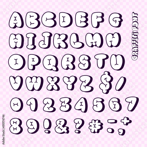 Comic vintage marker graffiti font, plump alphabet in the contour cartoon style, balloon uppercase Latin letters and numbers. Hand drawn vector illustration.