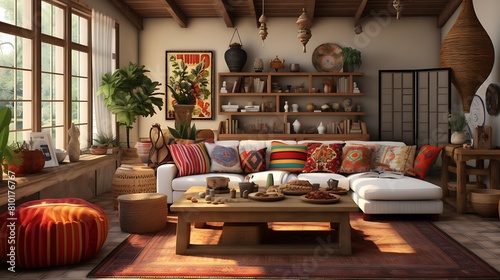 Create a global-inspired living room with cultural artifacts and vibrant textiles