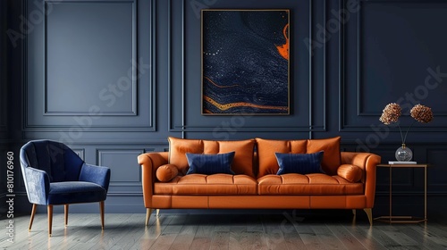 Orange sofa and armchair dark blue classic wall with marbling poster. Art deco home interior design.