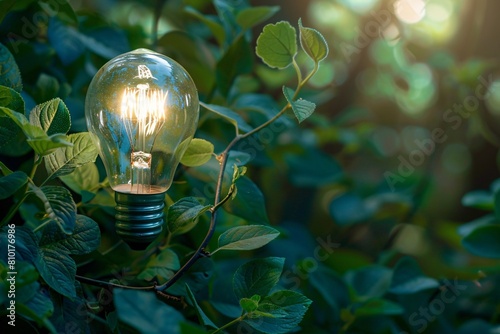 Macro shot of a lightbulb in the midst of verdant foliage and lush green leaves