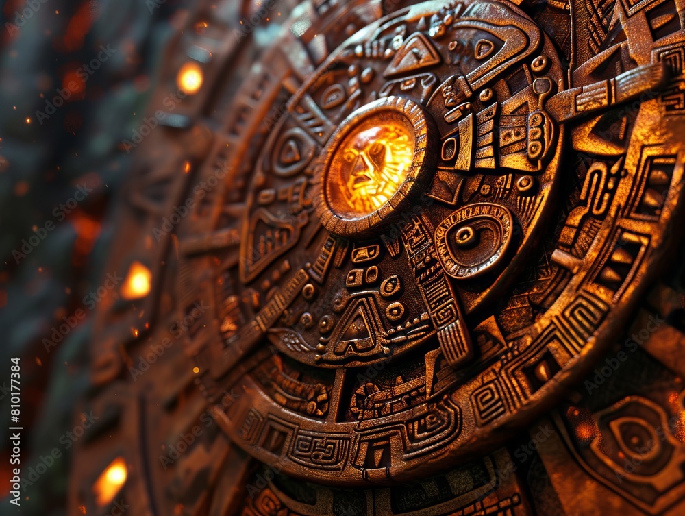 A close up of an ancient mexican calendar.