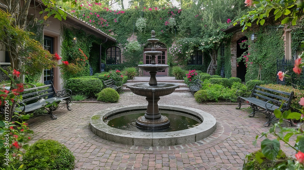 Timeless Courtyard Garden with Ornate Fountain and Blooming Roses Timeless Courtyard Garden with Ornate Fountain and Blooming Roses