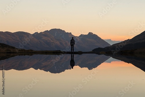 Lone figure mountain zenith outlined fading sunlight silent witness reflection peace photo