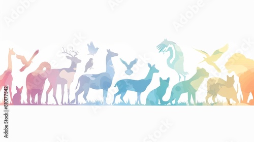 A colorful line of animals  including a dog  cat  bird  and bear