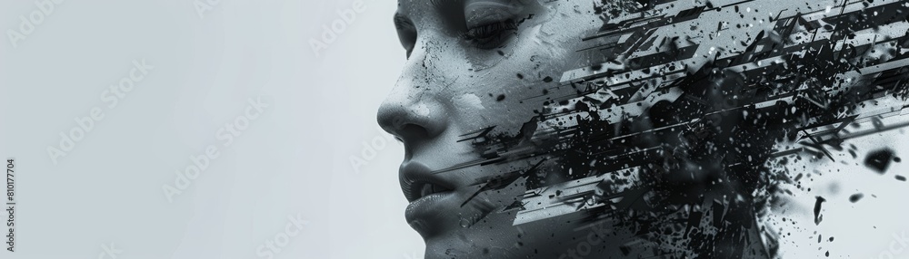 The image shows a black and white portrait of a woman's face. The woman's face is made up of small pieces of a forest. The image is very detailed and has a high resolution.