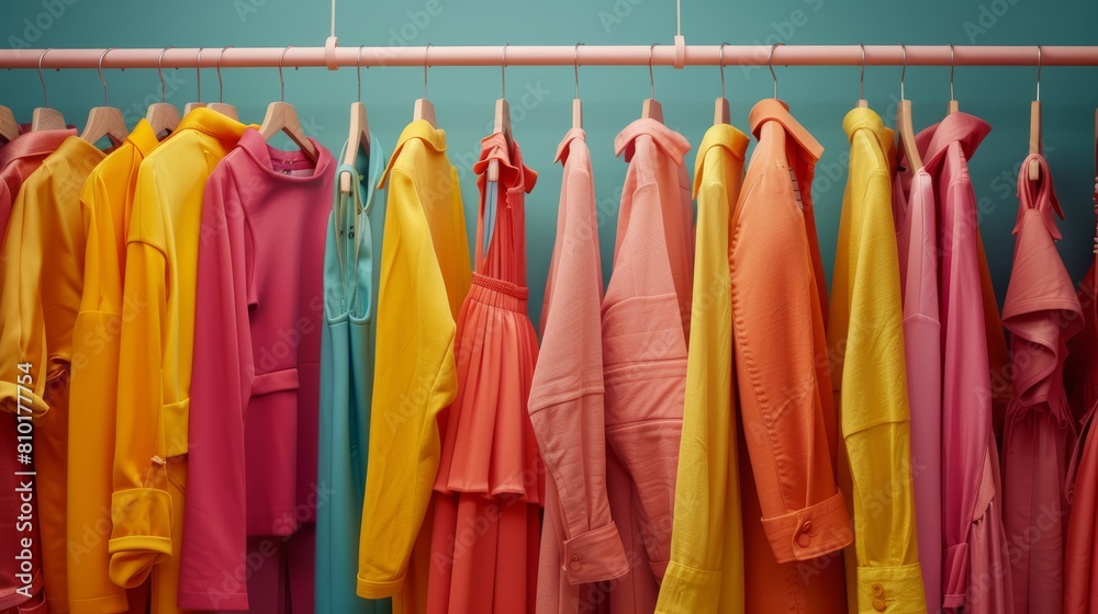 Bright, neatly arranged clothes in a spectrum of coordinated colors, set against a muted background to enhance visual impact