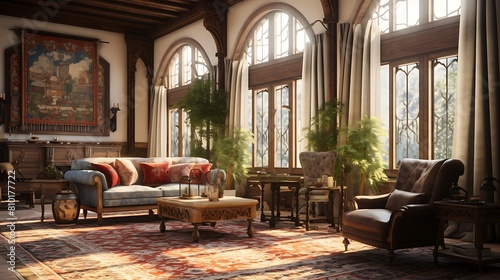 Curate a medieval castle-inspired living room with tapestries and ornate, antique furniture © Muhammad