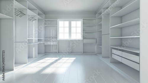 Bright and airy  the white interior of an empty closet presents a blank canvas for organization in a minimalist design