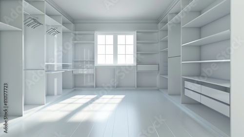 Bright and airy, the white interior of an empty closet presents a blank canvas for organization in a minimalist design