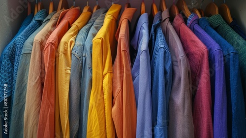 Bright, neatly arranged clothes in a spectrum of coordinated colors, set against a muted background to enhance visual impact