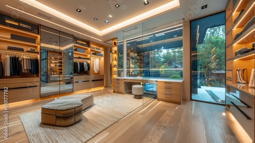Brightly lit  expansive walk-in closet with an array of shelves and racks  emphasizing the room s grandeur and functionality