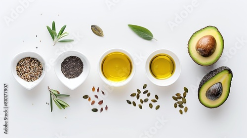 Healthy fats showcase with avocados, olive oil, seeds, and spices on white background. Flat lay composition with copy space. Nutrition and wellness concept. Design for diet guide, healthy cooking blog photo