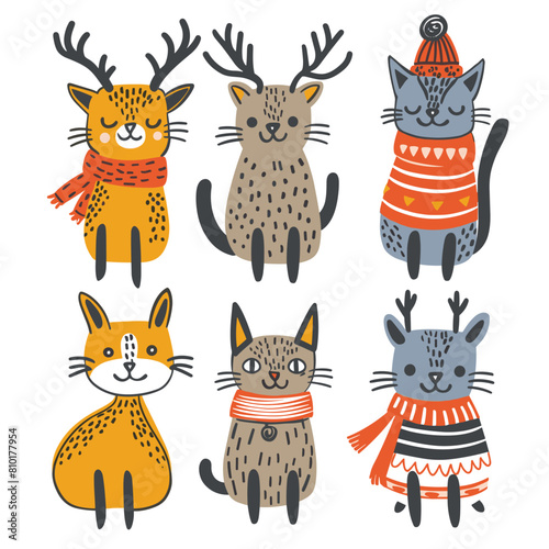 Six cats dressed winter clothing resembling forest animals. Orange cat deer antlers, scarf, blue cat catdeer hybrid, gray knitted hat. Cute whimsical feline characters, animal costumes, playful