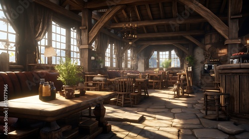 Curate a medieval tavern-inspired living room with wooden beams and rustic, tavern-style furniture