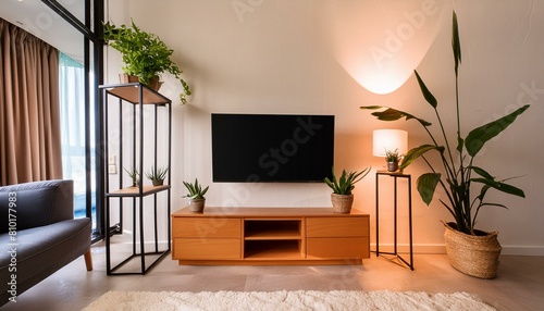 Contemporary Home Entertainment Space. A modern living room design featuring a TV  sleek entertainment unit  and decorative plants for a relaxing ambiance.