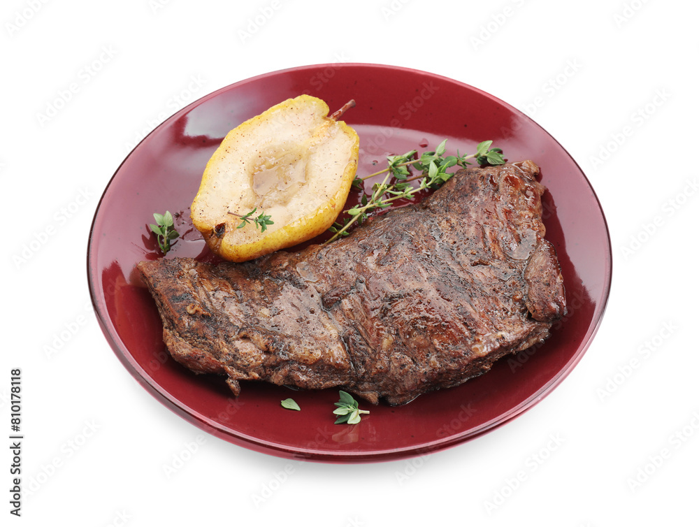 Delicious roasted beef meat, caramelized pear and thyme isolated on white Delicious roasted beef meat, caramelized pear and thyme isolated on white