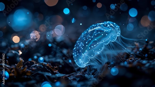 Bioluminescent jellyfish on a rocky seabed illuminated with blue light. Marine life and underwater ecosystem concept