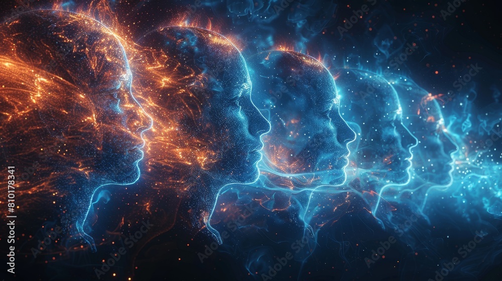 silhouettes of heads connected by glowing brain synapses, representing telepathic communication, illustration for a concept banner