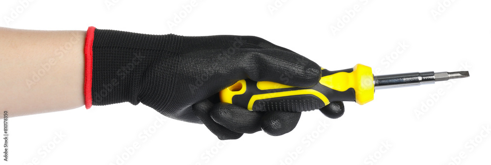 Woman holding screwdriver on white background, closeup Woman holding screwdriver on white background, closeup