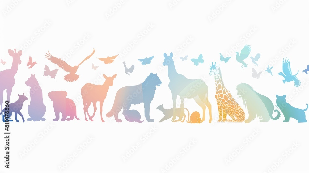 A colorful line of animal silhouettes, including a giraffe, a cat, a deer A colorful line of animal silhouettes, including a giraffe, a cat, a deer