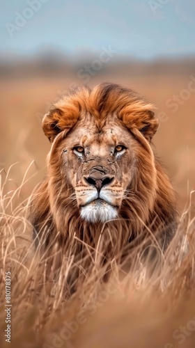 Majestic male lion in wild grassland at sunset. Wildlife and animal kingdom concept for nature documentary poster