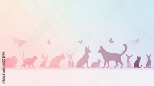 A colorful background with a variety of animals  including dogs  cats  and birds