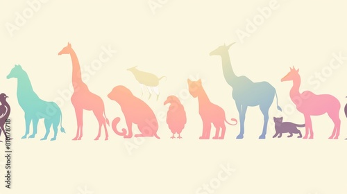 A colorful drawing of many different animals  including a giraffe  a dog  a cat