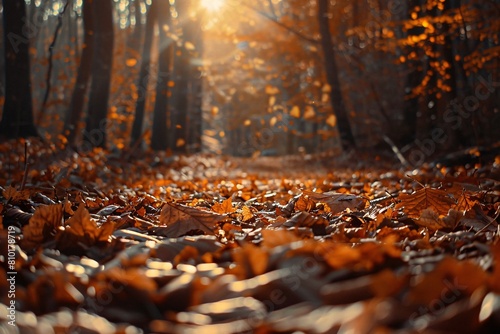 Golden sunlight filtering through autumn leaves  casting warm hues and delicate shadows in the peaceful forest