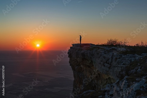 Figure cliff's peak outlined rising sun witnessing dawn beauty horizon