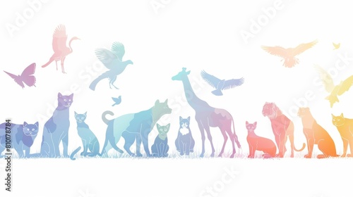 A colorful line of animals  including deer  birds  and cats