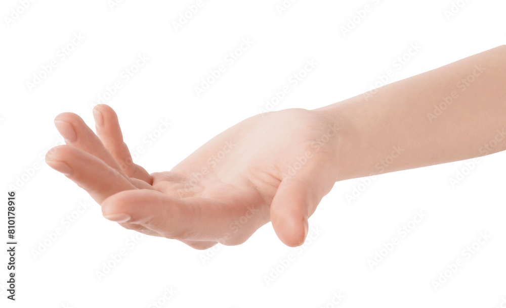 Woman holding hand on white background, closeup Woman holding hand on white background, closeup