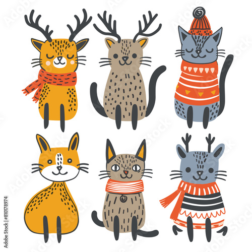 Six cartoon animals, dressed winter accessories, cute animal characters. Top row deercats antlers, middle cat wearing hat, bright colors. Bottom row features cat characters, one scarf, smiling