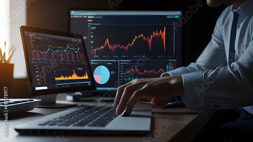 Analyst Works on Personal Computer Showing business analytics dashboard with charts, metrics and KPI to analyze performance and create insight reports for operations management. Data analysis concept 