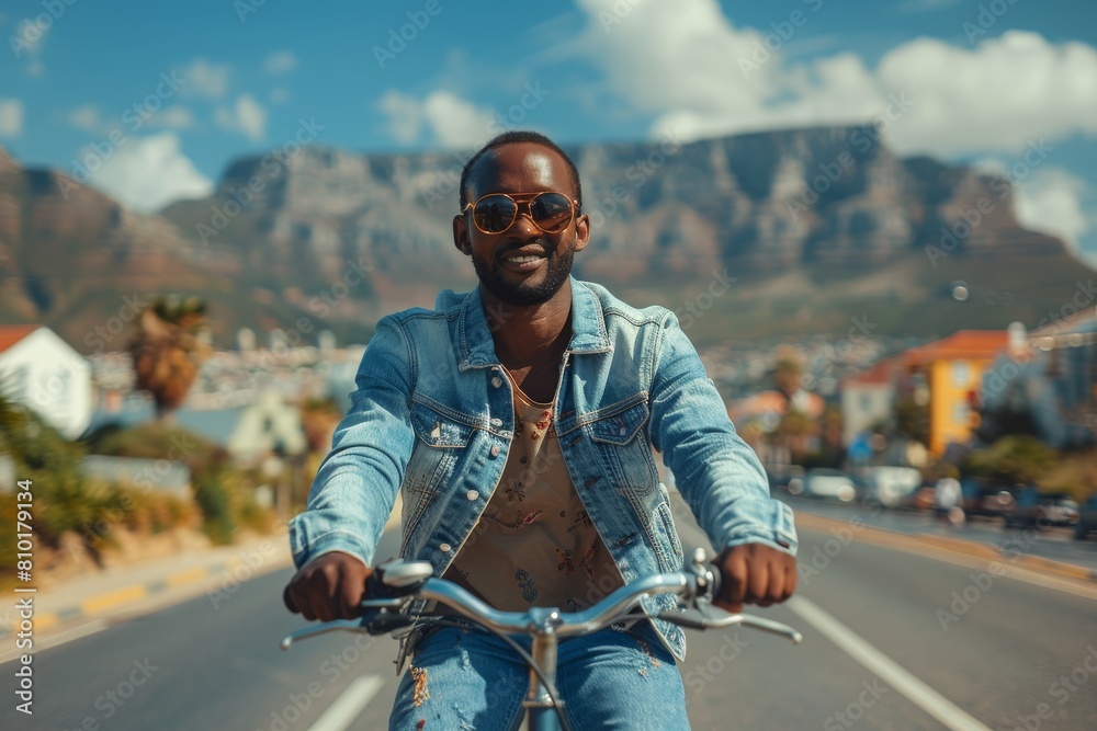 Fototapeta premium A stylish young man enjoys a bike ride with the iconic Table Mountain in the background, showcasing urban exploration
