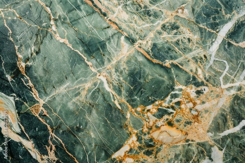 High-quality image showcasing the intricate details of emerald green marble with natural white and golden veins, perfect for luxurious background or design elements in interior decor