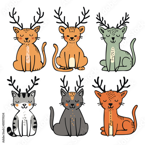 Wallpaper Mural Six cartoon cats antlers sitting smiling cute adorable festive felines. Cats heads decorated reindeer horns whiskered characters celebration concept. Handdrawn style playful kittens antlers Torontodigital.ca