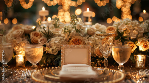 event stationery design  elegant table settings adorned with golden calligraphy table numbers and place cards  displayed on shimmering silver chargers for a luxurious look