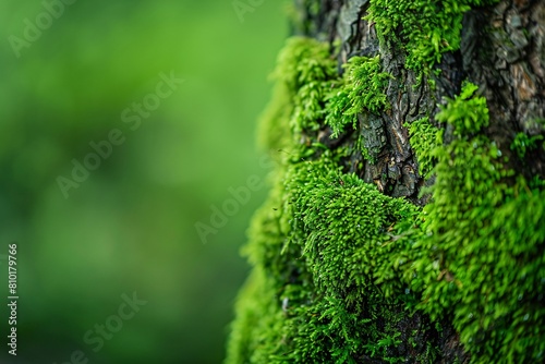 Close-up view of damp moss texture enveloping a tree trunk, accentuating its natural beauty photo