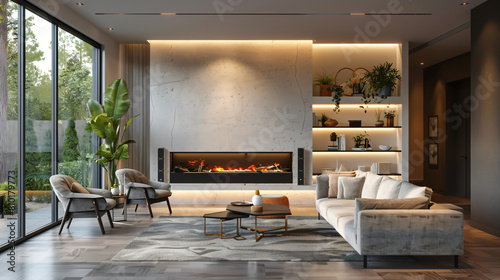 Interior of living room with electric fireplace and sh © franklin