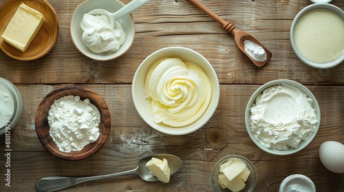 High fat dairy products display with butter, cream, sour cream, and milk on wooden table. Top view composition with rustic kitchen tools. Healthy fats and dairy consumption concept. Design for cooking