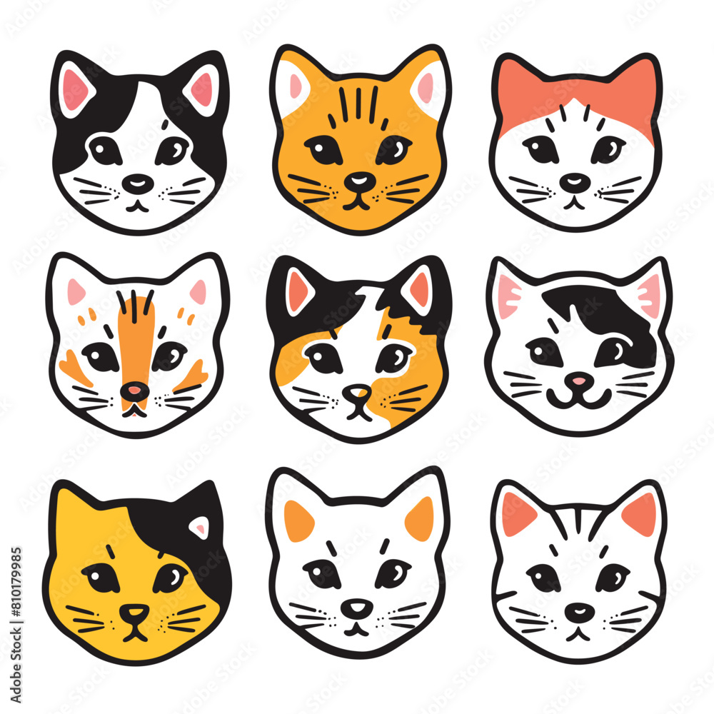 Set nine cute cat faces, various fur patterns, handdrawn cartoon style white background. Feline faces illustrations, simple lines, facial expressions, domestic animals. Cat heads collection Set nine cute cat faces, various fur patterns, handdrawn cartoon style white background. Feline faces illustrations, simple lines, facial expressions, domestic animals. Cat heads collection