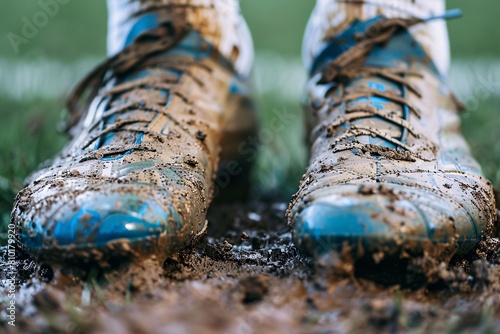 Close-up shot of muddy and well-used soccer cleats © Maelgoa