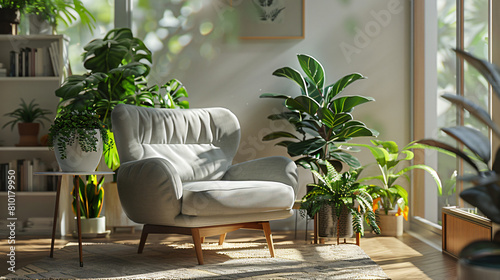 Interior of living room with grey armchair coffee tabl photo
