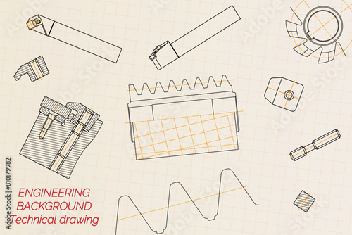 Mechanical engineering drawings on light background. Tap tools, borer, cutting tools, milling cutter. Technical Design. Cover. Blueprint. Vector illustration.