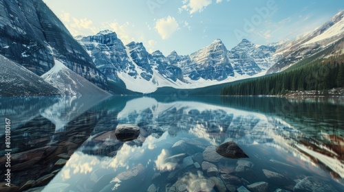 A beautiful mountain lake with a reflection of the mountains in the water