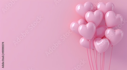 luster of pink heart-shaped balloons on pink background. Studio photography with copy space. Celebration of love concept. Design for greeting card, invitation, poster.